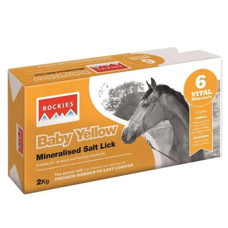 Orange and white box of rockies baby yellow mineralised salt lick single block 2kg with horse image and six vital minerals
