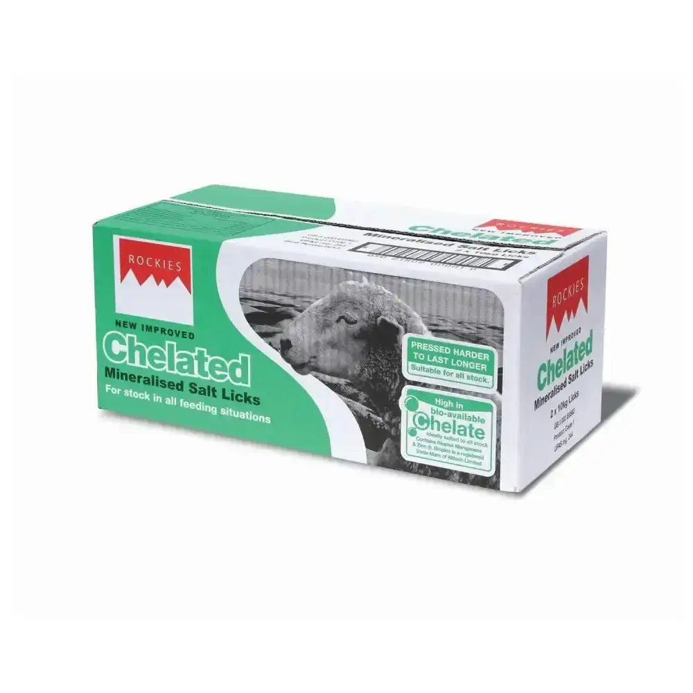 Green and white cardboard box of rockies chelated salt lick single 10kg lick for livestock mineralized nutrition