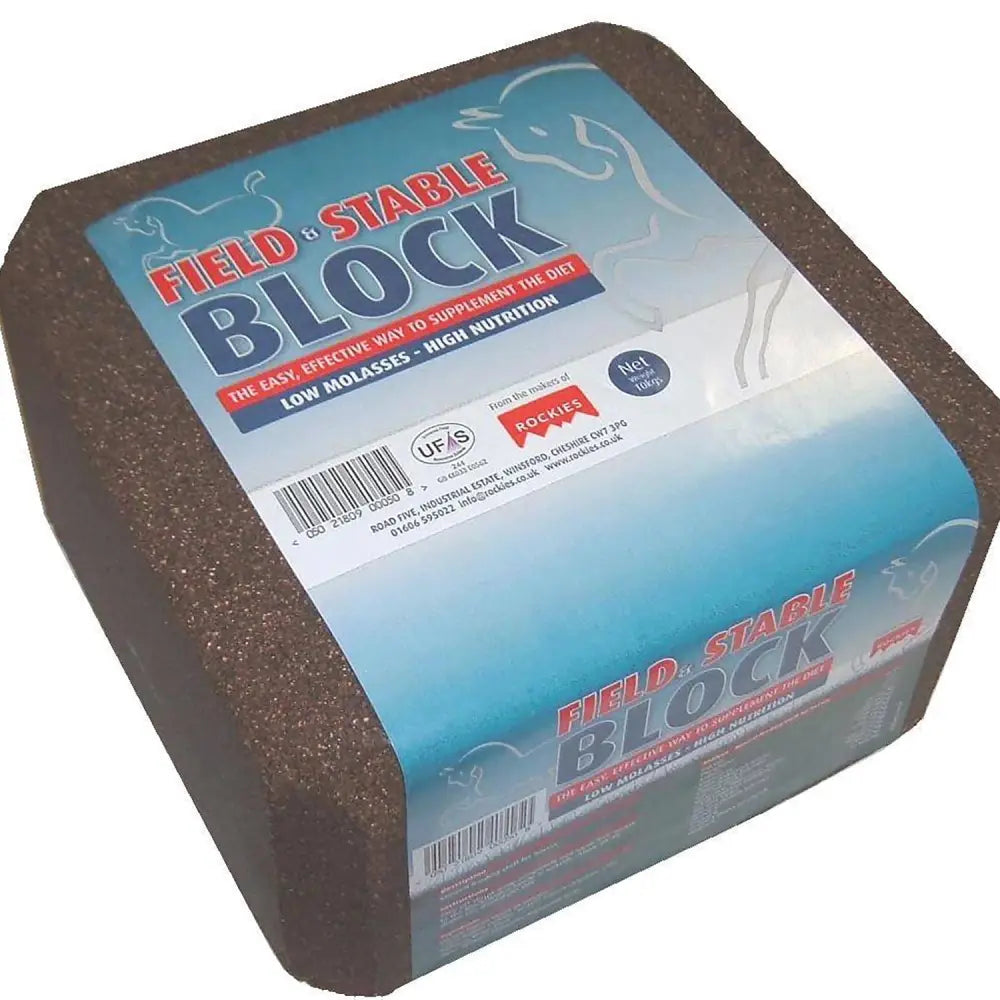 Brown textured field and stable block mineral lick with blue and white pockies label for livestock use