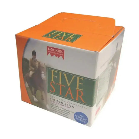 Orange and white cardboard box of rockies five star horse lick with essential horse vitamins in a 5kg mineral block