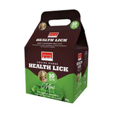 Brown and green cardboard package of rockies flavoured health lick mint-flavored salt lick for horses from health lick range