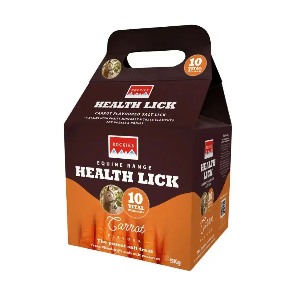 Brown and orange cardboard carrier bag with handle labeled rockies flavoured health lick carrot flavoured health lick for horses