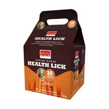 Brown and orange cardboard carrier bag with handle labeled rockies flavoured health lick carrot flavoured health lick for horses