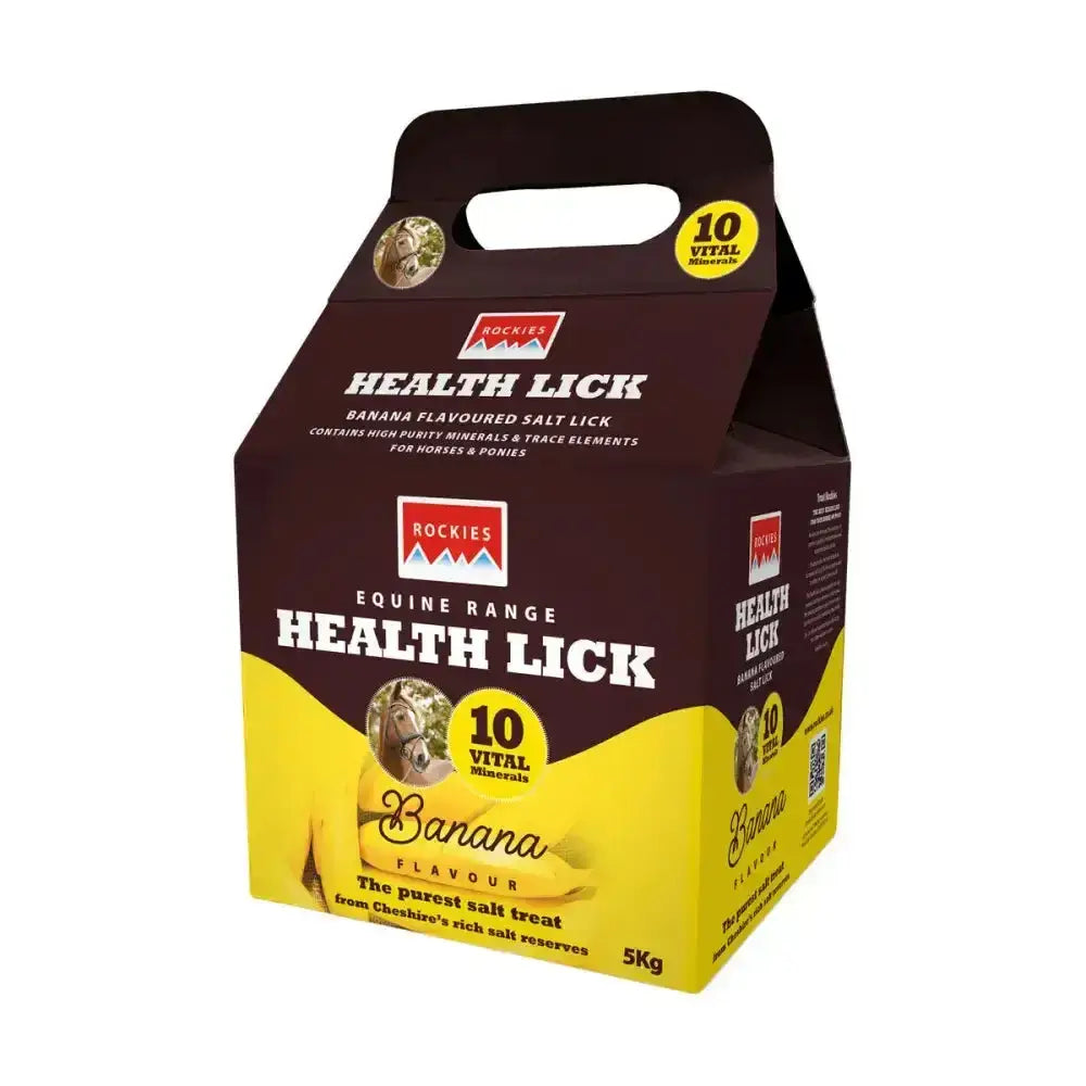 Brown and yellow cardboard bag of rockies flavoured health lick banana flavor from health lick range for horses