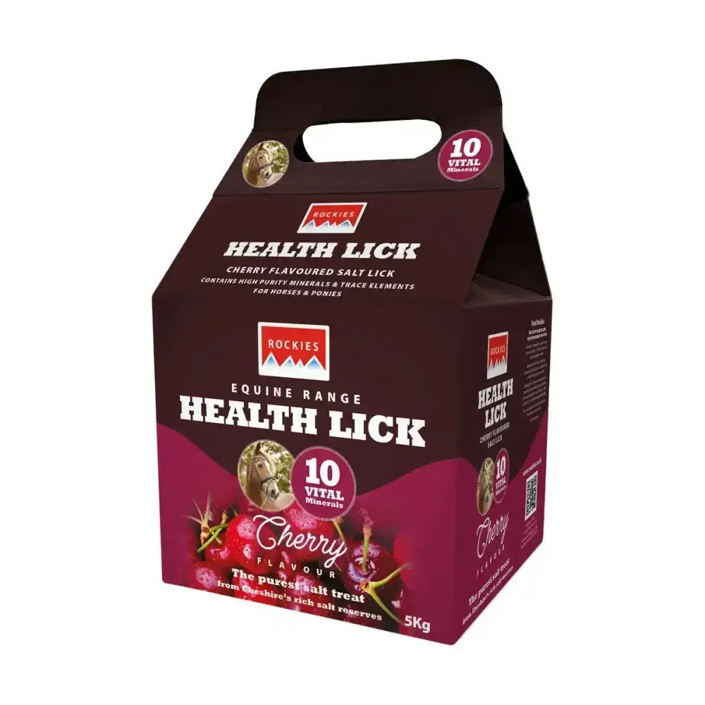 Dark maroon and magenta cardboard carrier bag with handle featuring rockies flavoured health lick for horses health lick range