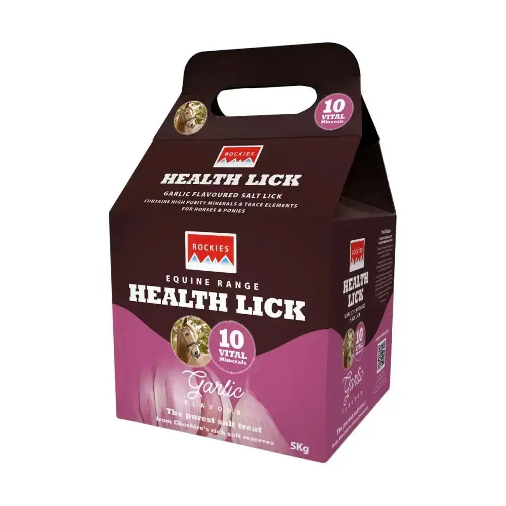 Dark purple and magenta cardboard rockies flavoured health lick garlic salt lick with handle for horses from health lick range