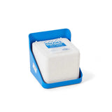 A white rockies pure crystal salt lick block in a bright blue 10kg lick plastic holder for easy use