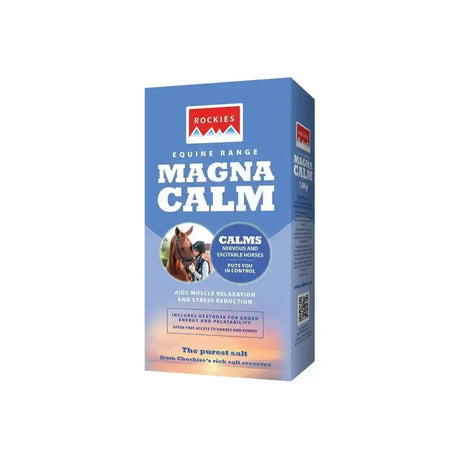 Blue rectangular box of rockies magnacalm lick mineral block calms nervous excitable horses with horse image and white text