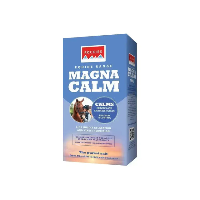 Blue rectangular box of rockies magnacalm lick mineral block calms nervous excitable horses with horse image and white text