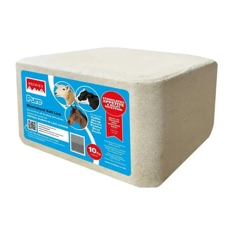 Beige rectangular block of rockies pure salt lick for livestock with blue label and images of sheep cow horse and goat