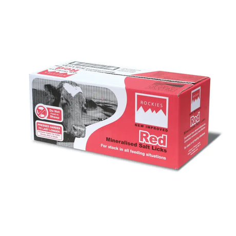 Red rockies mineralised salt licks packed in a red and white cardboard box rockies red 2x10kg product