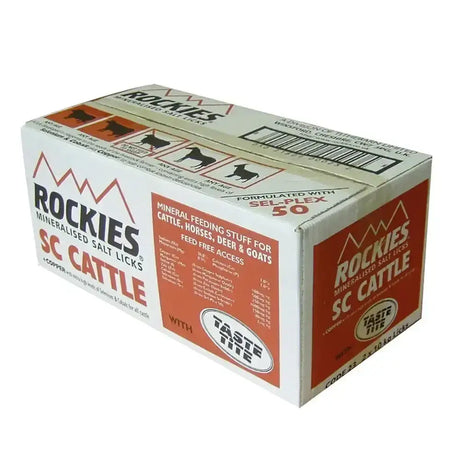 White and orange cardboard box of rockies sc cattle mineral lick 2 blocks 10kg perfect for livestock farmers cattle feed