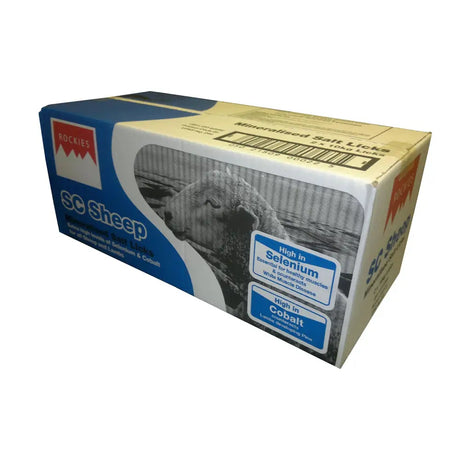 Blue and beige cardboard box of rockies sc sheep mineral lick 2 blocks 10kg with essential trace elements