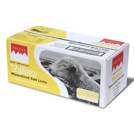 Yellow and white cardboard box of rockies yellow cattle salt lick mineralised salt licks for correct rumen function