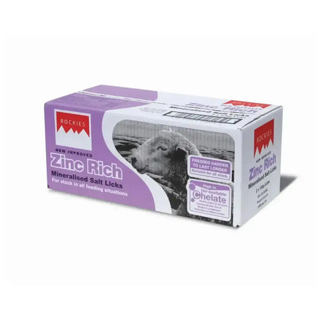 Purple and white cardboard box of rockies zinc salt licks 2 blocks x 10kg for stock with zinc rich minerals