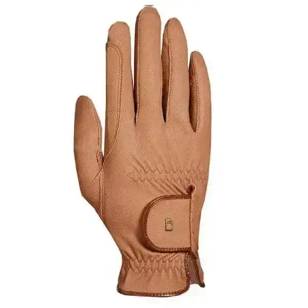 Tan leather back of roeckl chester grip summer riding gloves with stitched wrist strap and subtle logo detail