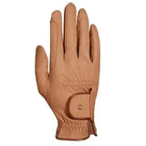 Tan leather back of roeckl chester grip summer riding gloves with stitched wrist strap and subtle logo detail