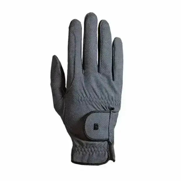 Gray roeckl chester grip summer riding gloves with textured fabric and black adjustable strap closure