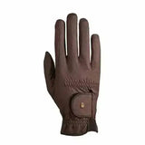Brown leather roeckl chester grip summer riding gloves showing the back with a small metallic logo on the wrist strap