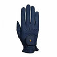 Navy blue roeckl chester grip summer riding gloves with small gold logo on wrist strap showing back side