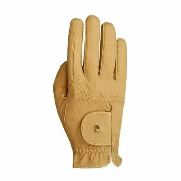 Tan leather roeckl chester grip summer riding gloves with stitched wrist strap and metallic buckle on the back side