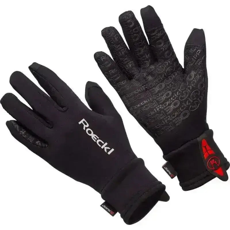 Black roeckl weldon touchscreen gloves with gray palm pattern and red accents made with polartec grip riding material