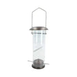 Clear cylindrical rosewood wild bird nyjer seed feeder with metallic gray top base and hanging wire handle with perch