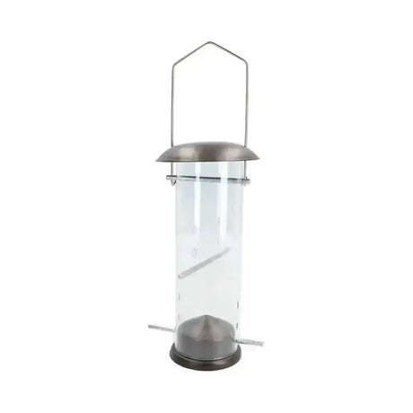 Clear cylindrical rosewood wild bird nyjer seed feeder with metallic gray top base and hanging wire handle with perch