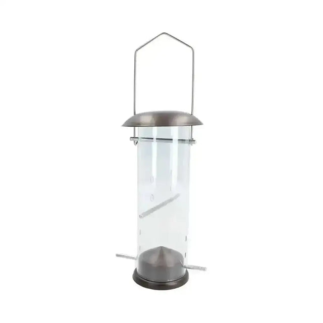 Clear cylindrical rosewood wild bird nyjer seed feeder with metallic gray top base and hanging wire handle with perch