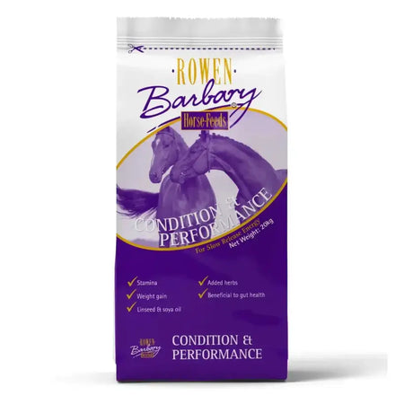 Purple and white bag of rowen barbary condition horse feed with calcareous marine algae and key antioxidants for performance