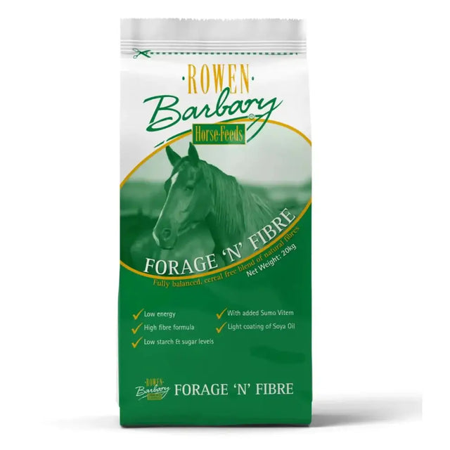Green and white bag of rowen barbary forage n fibre horse feed featuring a stylized horse and cereal free formula