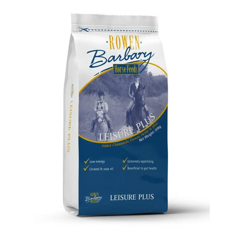 White and blue bag of rowen barbary leisure plus horse feed with vintage riders and chamomile flower and micronised flaked features
