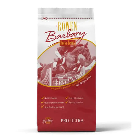 Red and white bag of rowen barbary pro ultra horse feed with jumping horse graphic for fast release energy and calcareous marine algae