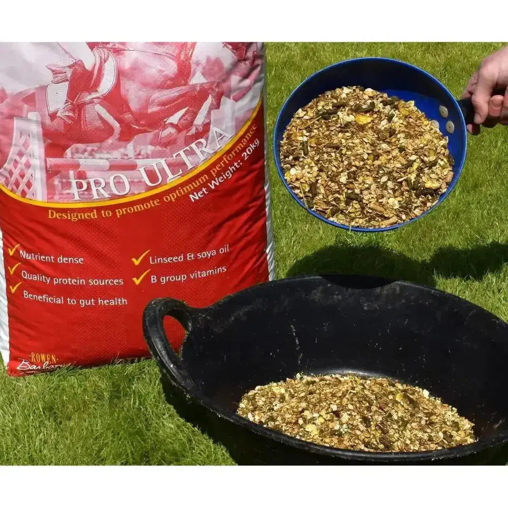Red and white bag of rowen barbary pro ultra horse feed with jockey graphic offers fast release energy and calcareous marine algae