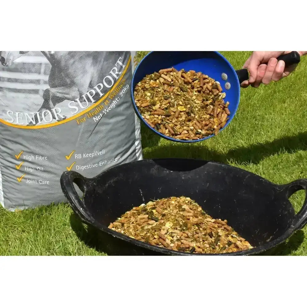 Gray bag of rowen barbary senior support horse feed with black and white senior horse image and high fiber for joint health