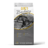 White and gray rowen barbary senior feed bag with black and white horse image promoting joint health support