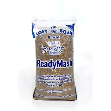 A bag of rowen barbary soft n soak low energy diet horse feed with a white blue label and brown granular contents visible