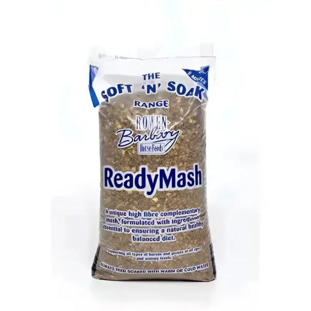A bag of rowen barbary soft n soak low energy diet horse feed with a white blue label and brown granular contents visible