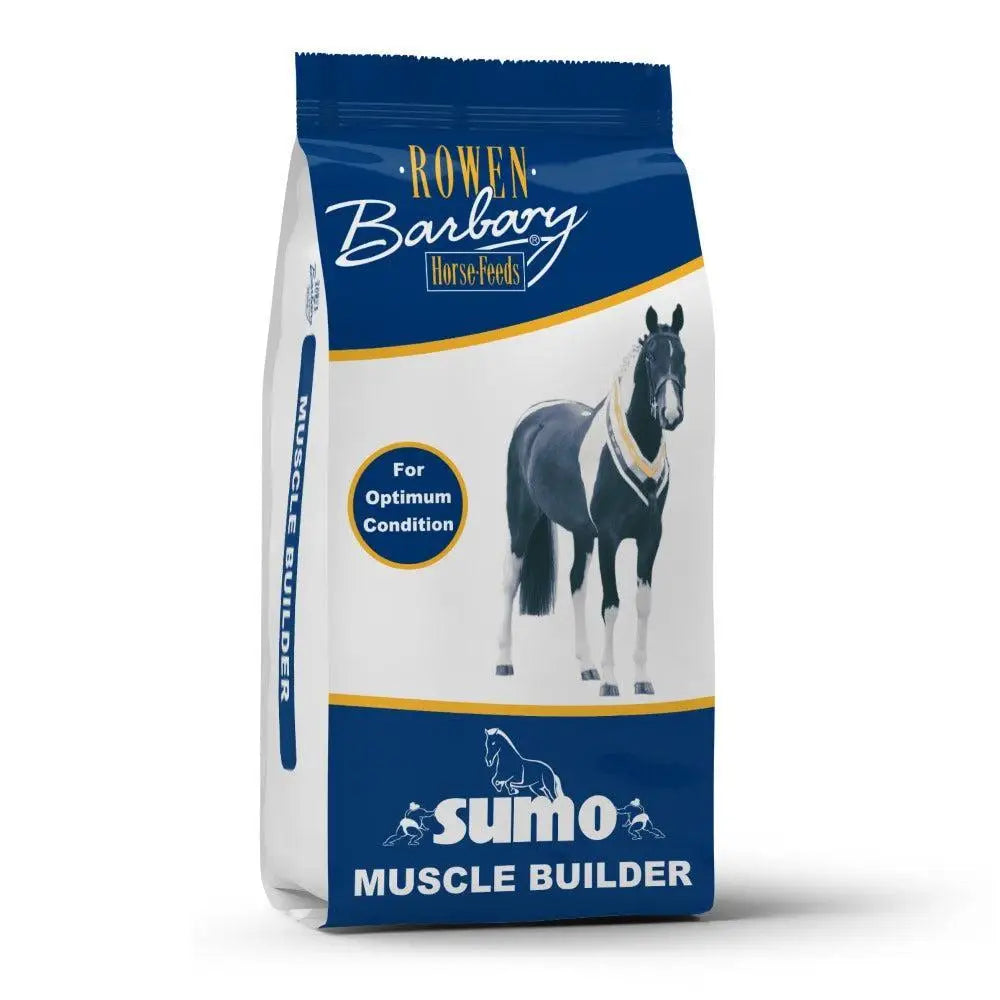 Blue and white bag of rowen barbary sumo muscle builder horse feed for barbary sumo muscle growth and strength
