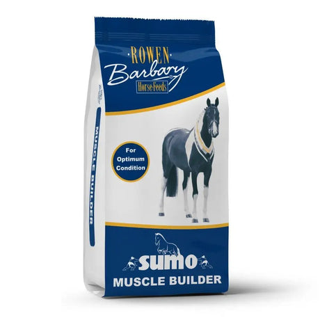 Blue and white bag of rowen barbary sumo muscle builder horse feed for barbary sumo muscle growth and strength