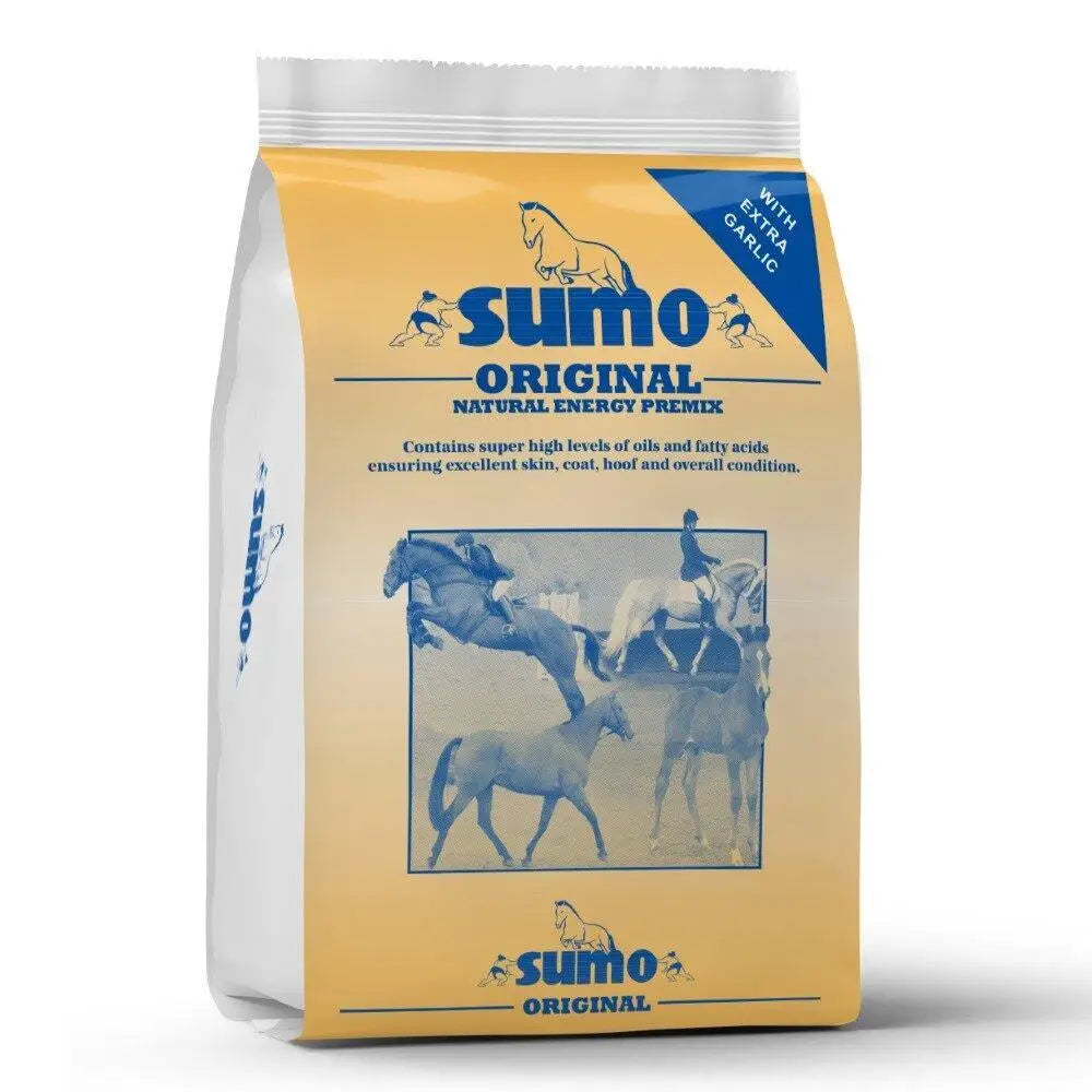 Yellow and blue packaged rowen barbary sumo original natural energy premix for horses with resealable top from staroyal caninh