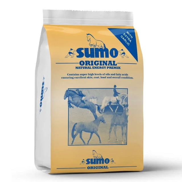 Yellow and blue packaged rowen barbary sumo original natural energy premix for horses with resealable top from staroyal caninh