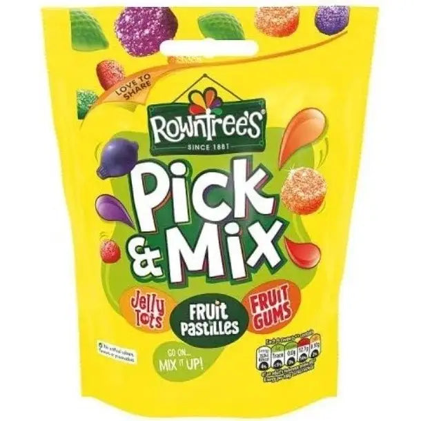Bright yellow bag of rowntrees pick n mix candy with colorful fruit-flavored jelly tots ideal for equestrian riders