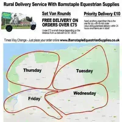 Postal / Postage / Courier / Carriage / Van Delivery Charges Van Delivery EX31, EX32, EX33, EX34, EX37, EX35 0 - £74.99 Barnstaple Equestrian Supplies Not A Physical Product Barnstaple Equestrian Supplies
