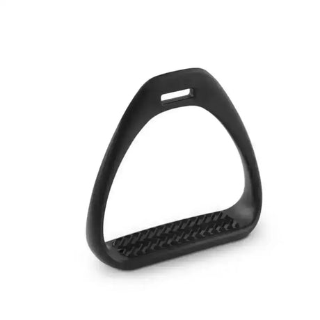 Black triangular royal rider sprint lightweight racing stirrup with textured grip for national hunt racing use