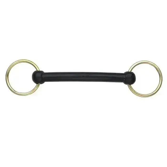 Black rubber covered bit with gold brass ring snaffle for comfortable riding control