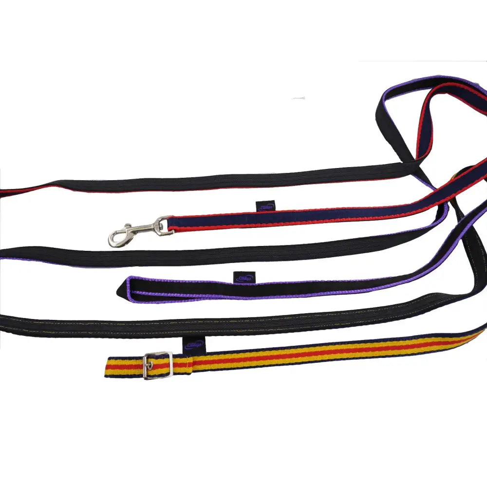 Black purple and yellow-striped rubber grip webbing reins with metal clasp and buckle attachment for secure grip
