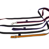 Black purple and yellow-striped rubber grip webbing reins with metal clasp and buckle attachment for secure grip