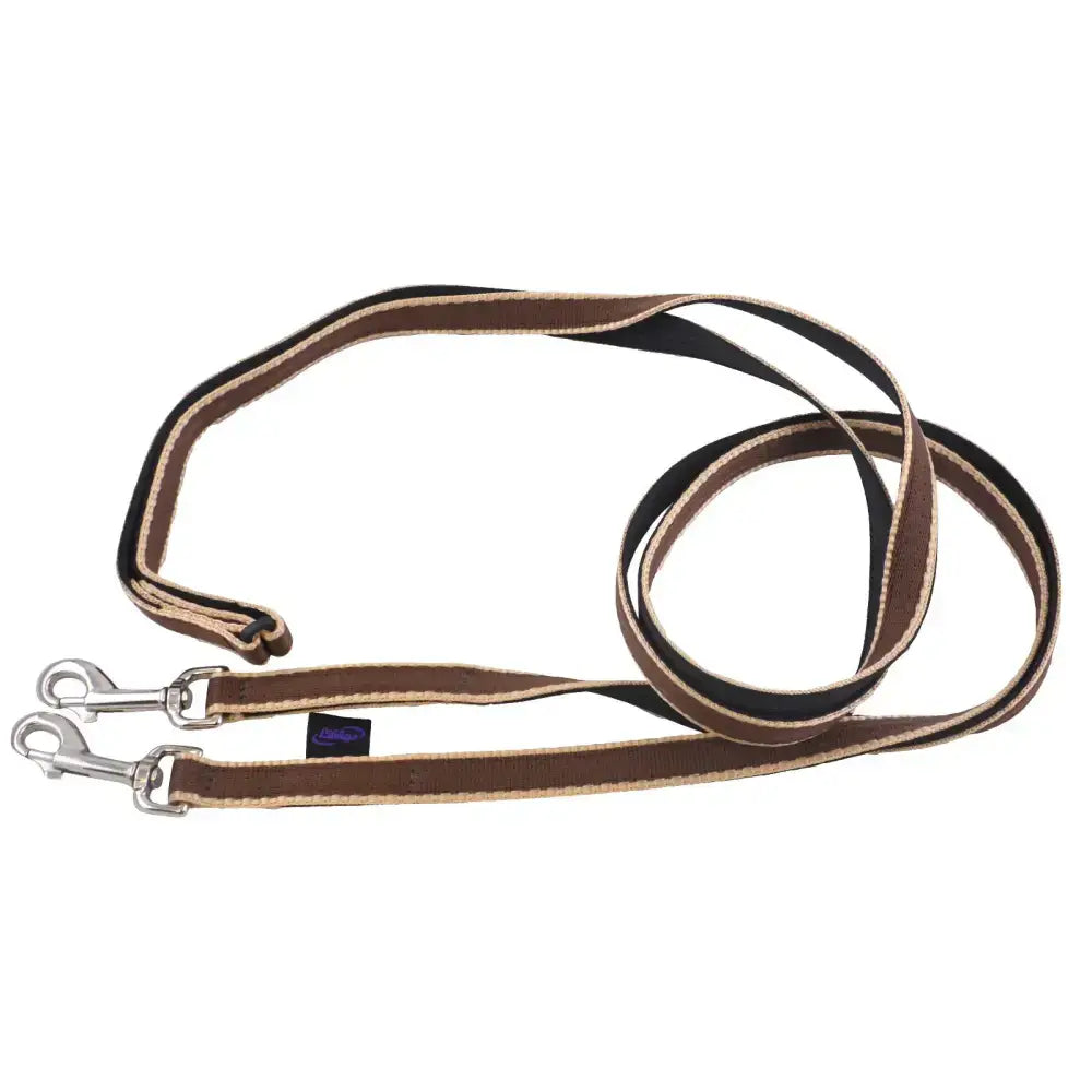 Brown and black woven rubber grip webbing dog leash with silver trigger attachment metal clasps