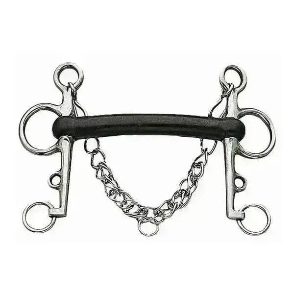 Silver horsebit rubber pelham mullen mouth bit with black rubber padding and chain link design
